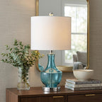 20" Turquoise And Silver Glass Gourd Table Lamp With Drum Shade