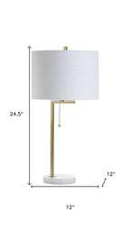 25" Brass And White Round Table Lamp With Drum Shade