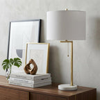 25" Brass And White Round Table Lamp With Drum Shade