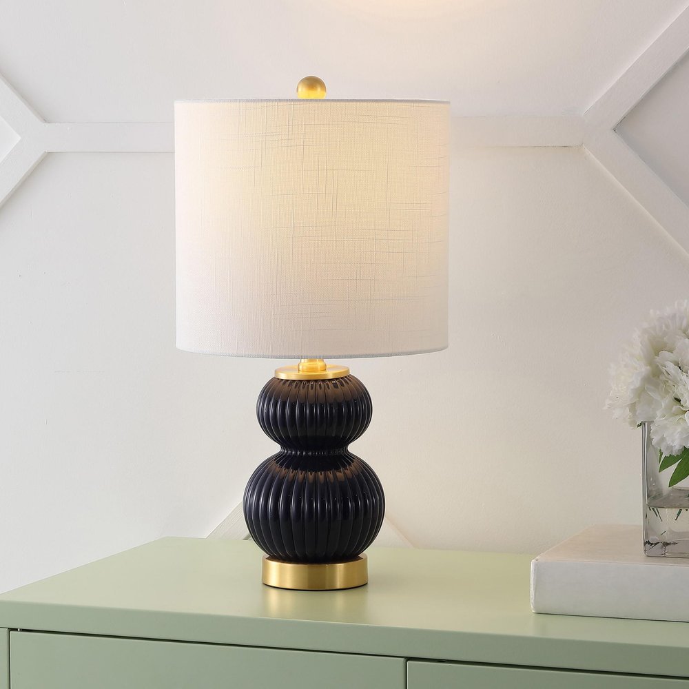 20" Navy Blue And Gold Gourd Table Lamp With Drum Shade