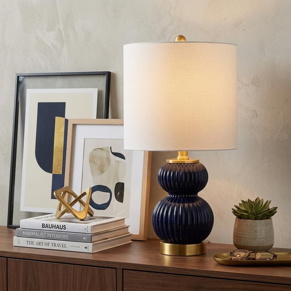 20" Navy Blue And Gold Gourd Table Lamp With Drum Shade
