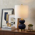 20" Navy Blue And Gold Gourd Table Lamp With Drum Shade