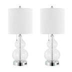Set of Two 22" Clear And Silver Double Gourd USB Lamps With Drum Shades