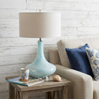 29" Light Blue And Clear Teardrop Glass Table Lamp With Drum Shade