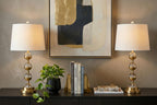 Set of Two 28" Gold Round Bedside Lamps With Drum Shades