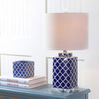 23" Clear Navy Blue And White Geometric Table Lamp With Drum Shade