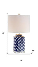 23" Clear Navy Blue And White Geometric Table Lamp With Drum Shade