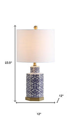 24" Navy Blue Gold And White Table Lamp With Drum Shade