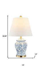22" White Blue And Gold Urn Table Lamp With Empire Shade