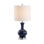 Set of Two 22" Navy Blue And Silver Gourd Bedside Lamps With Drum Shades