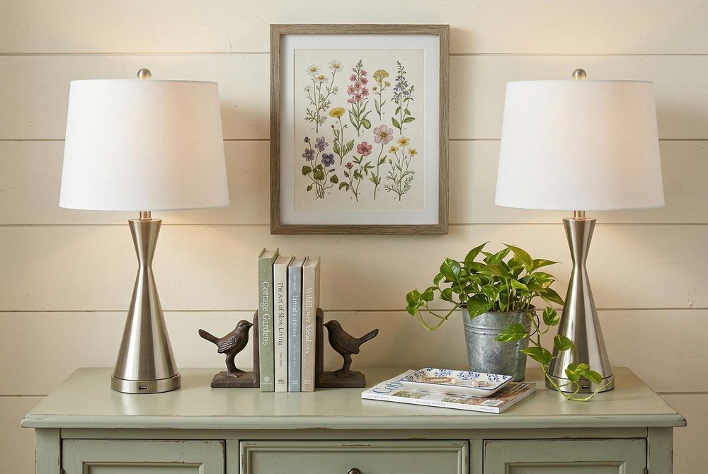 Set of Two 26" Nickel Novelty Table Lamps With Empire Shades