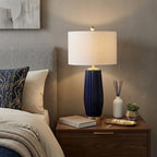 29" Navy Blue And Gold Table Lamp With Drum Shade