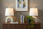 Set of Two 18" White Geometric Arched Lamps With Empire Shades