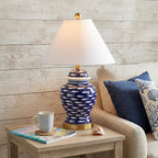 22" Navy Blue White And Gold Urn Table Lamp With Empire Shade