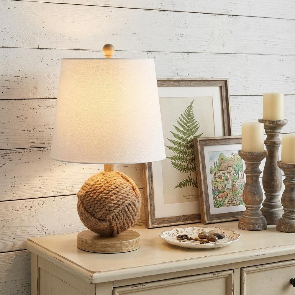 18" Natural Rope Ball Coastal Table Lamp With Globe Shade