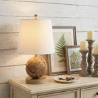 18" Natural Rope Ball Coastal Table Lamp With Globe Shade