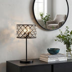 23" Antiqued Bronze Geometric Table Lamp With Drum Shade
