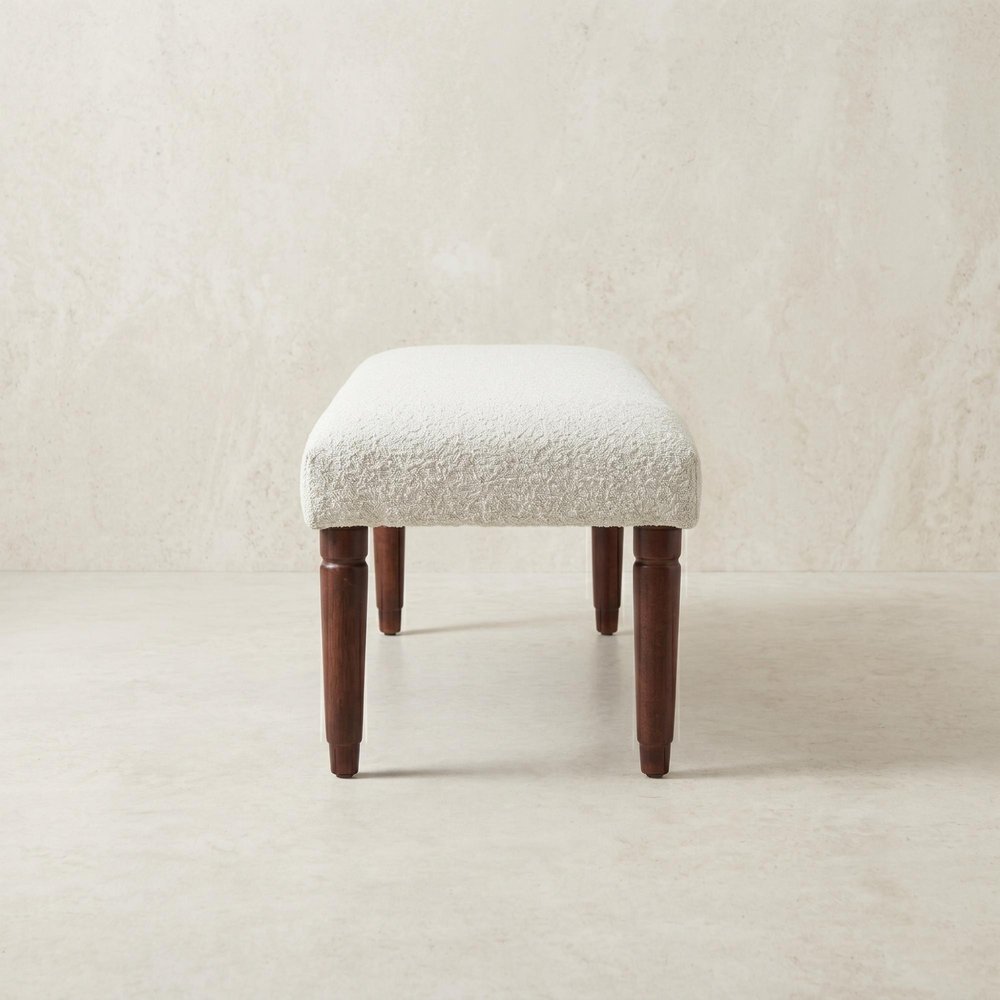 47" Cream and Brown Boucle and Solid Wood Upholstered Bench