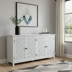 60" White Wood Carved Floral Sideboard With Four Doors