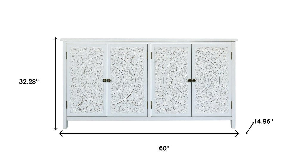 60" White Wood Carved Floral Sideboard With Four Doors