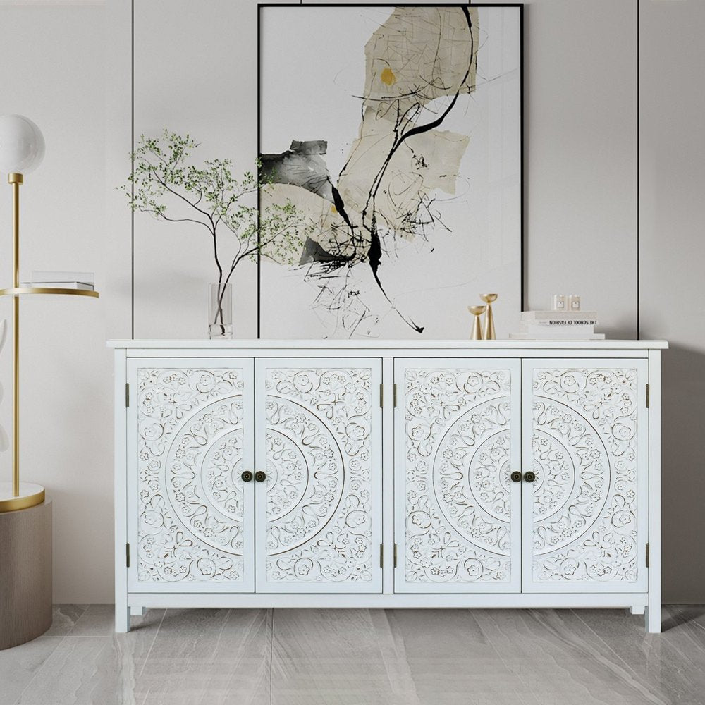 60" White Wood Carved Floral Sideboard With Four Doors