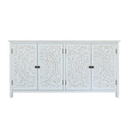 60" White Wood Carved Floral Sideboard With Four Doors