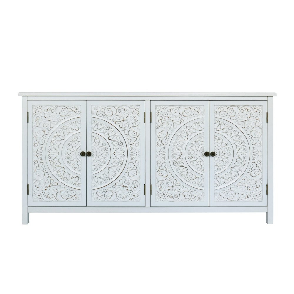 60" White Wood Carved Floral Sideboard With Four Doors