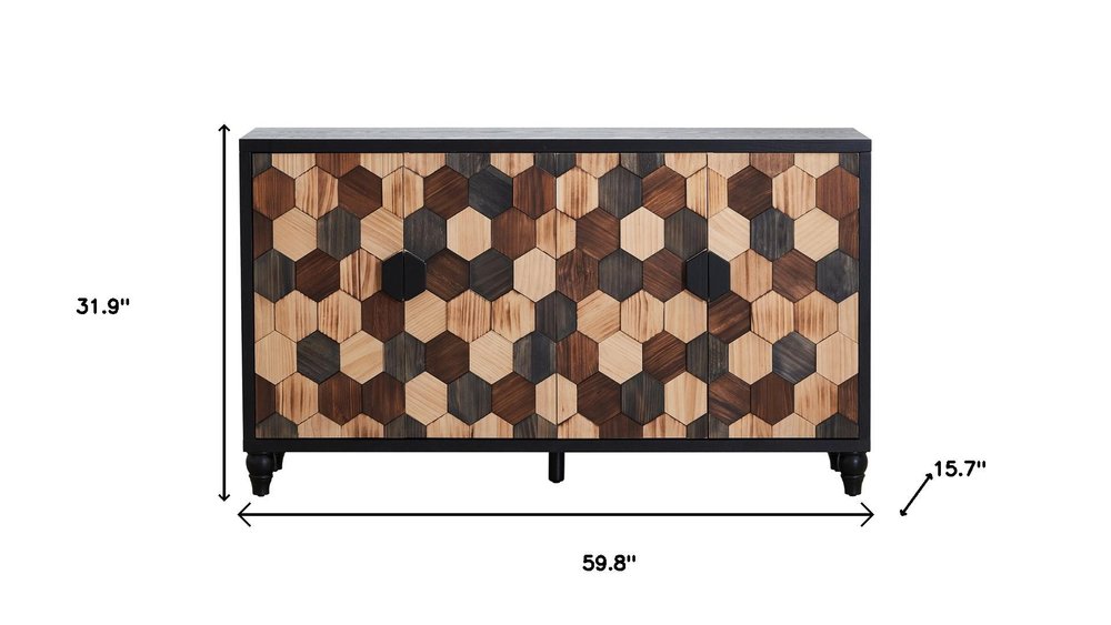 60" Brown Wood Carved Geometric Sideboard With Four Doors
