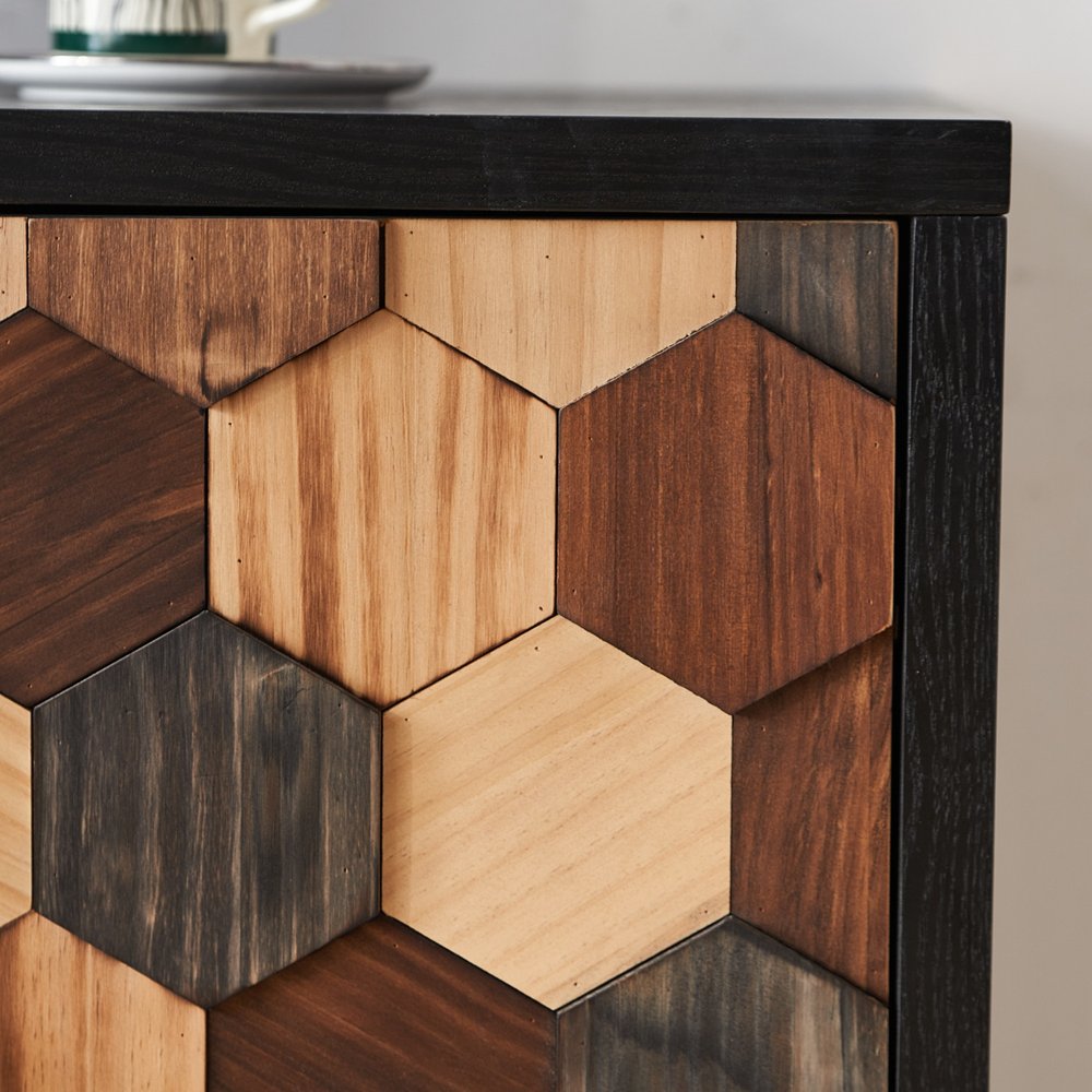 60" Brown Wood Carved Geometric Sideboard With Four Doors