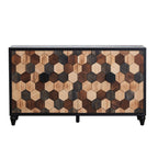 60" Brown Wood Carved Geometric Sideboard With Four Doors