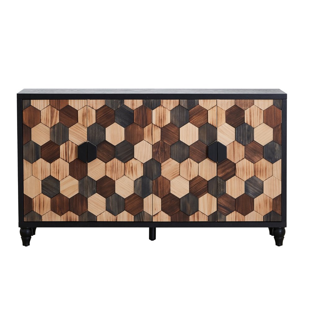 60" Brown Wood Carved Geometric Sideboard With Four Doors