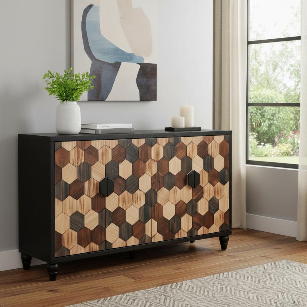 60" Brown Wood Carved Geometric Sideboard With Four Doors