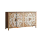 60" Brown and White Wood Carved Floral Accent Cabinet With Four Doors