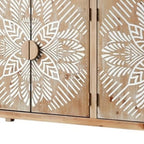 60" Brown and White Wood Carved Floral Accent Cabinet With Four Doors