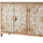 60" Brown and White Wood Carved Floral Accent Cabinet With Four Doors