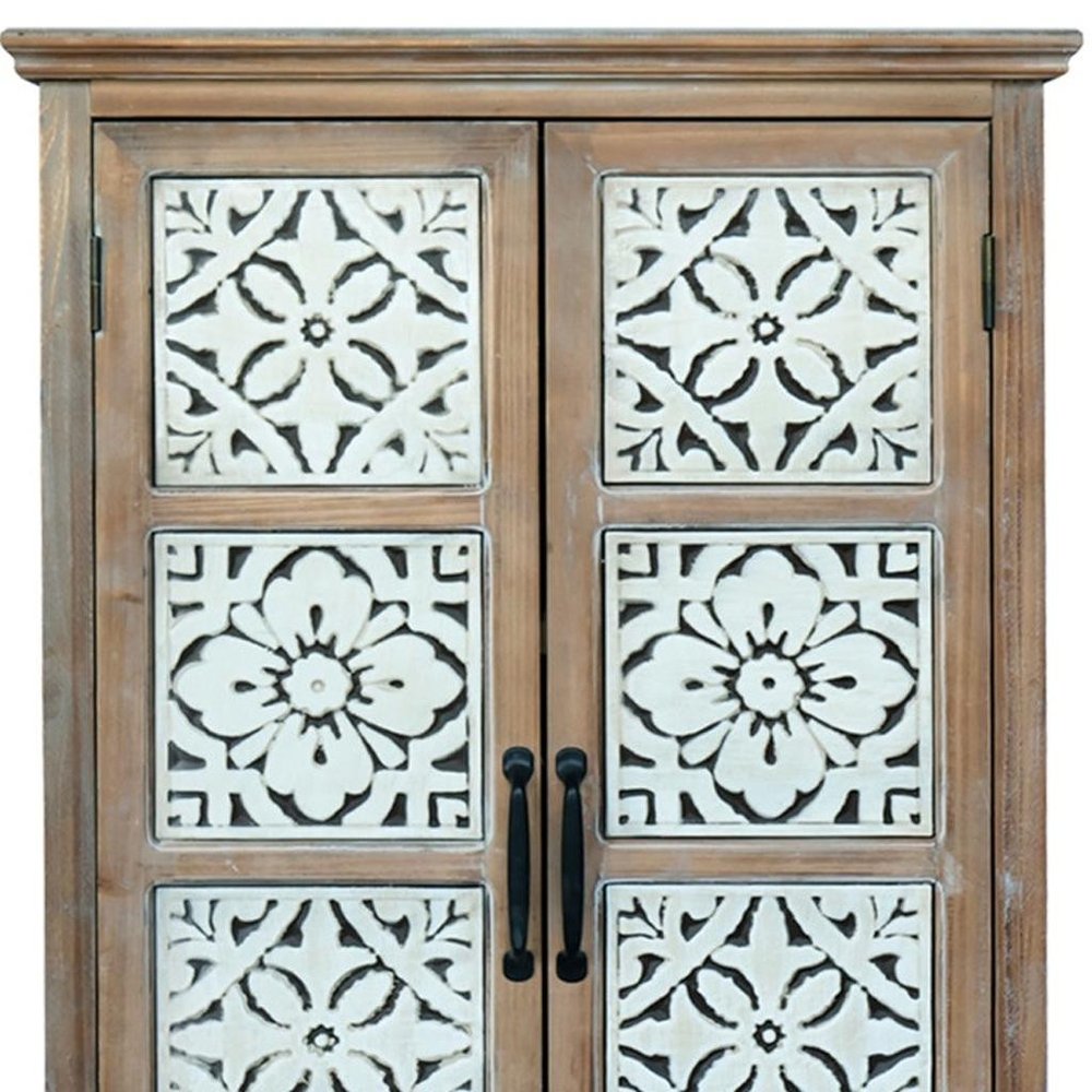 28" Brown Wood Carved Floral Accent Cabinet With Two Doors And One Drawer