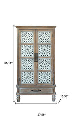 28" Brown Wood Carved Floral Accent Cabinet With Two Doors And One Drawer