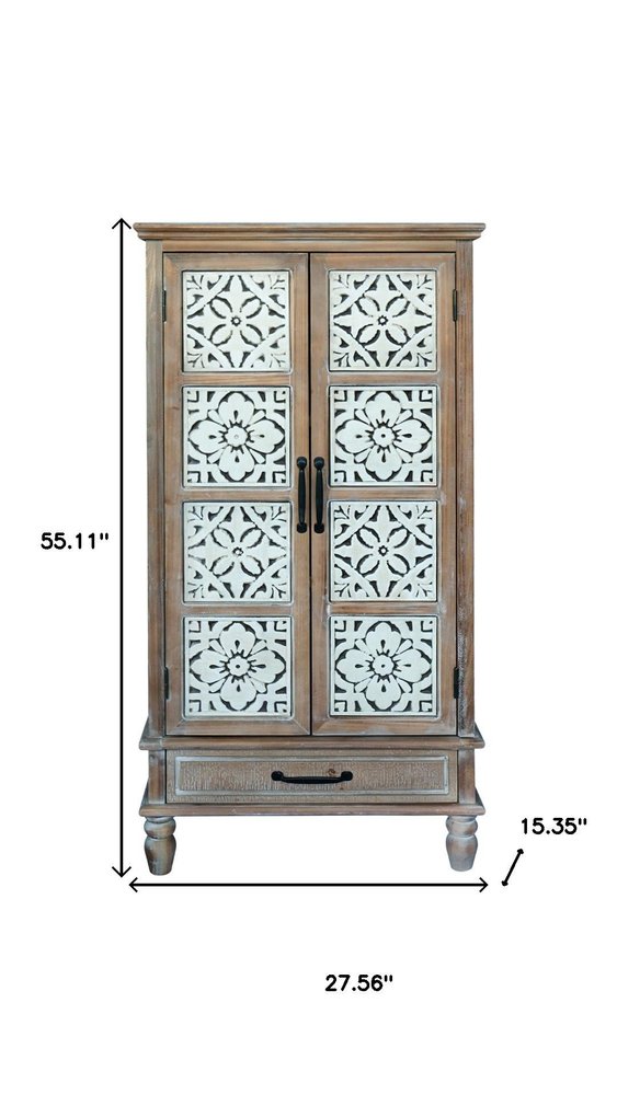 28" Brown Wood Carved Floral Accent Cabinet With Two Doors And One Drawer