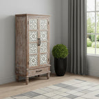 28" Brown Wood Carved Floral Accent Cabinet With Two Doors And One Drawer
