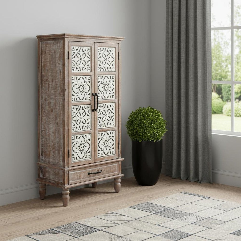 28" Brown Wood Carved Floral Accent Cabinet With Two Doors And One Drawer