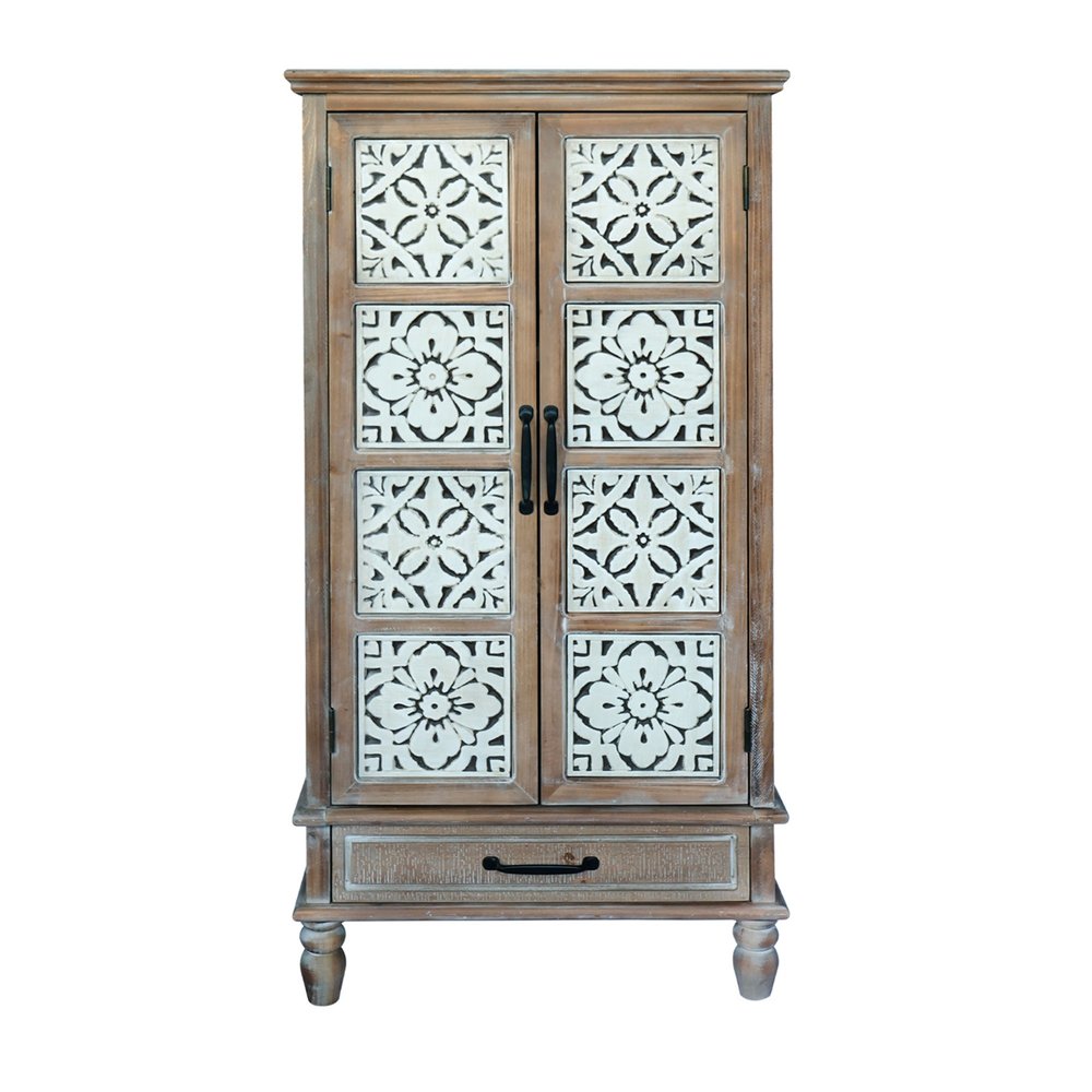 28" Brown Wood Carved Floral Accent Cabinet With Two Doors And One Drawer