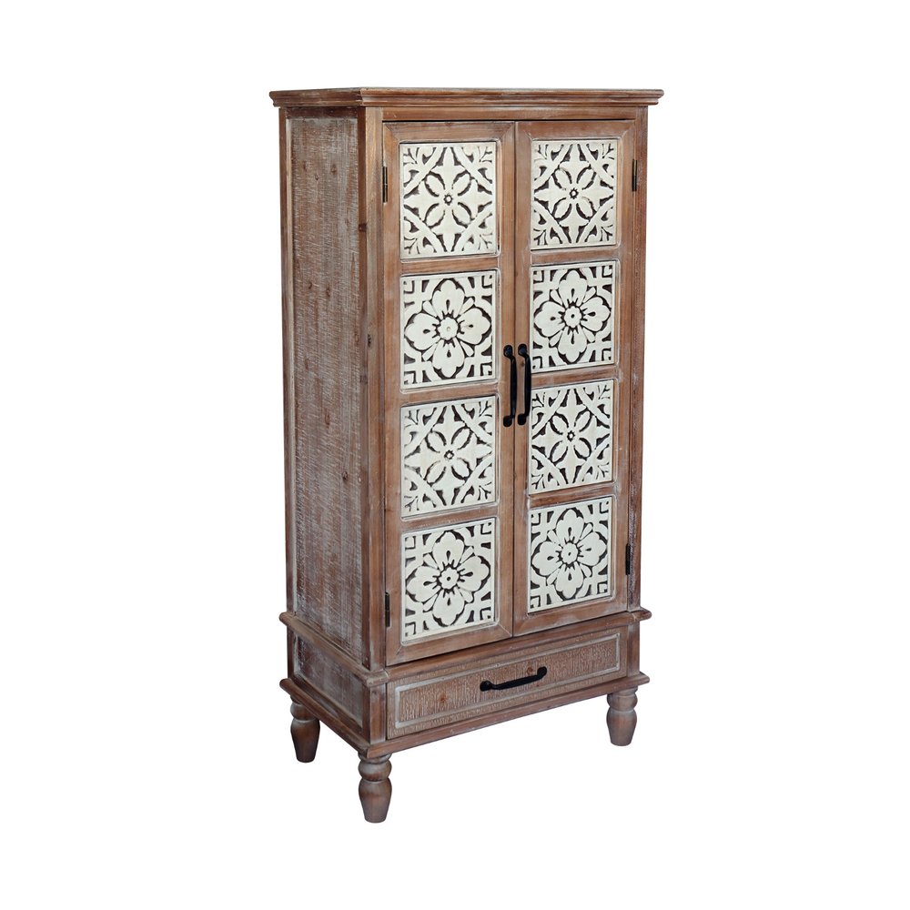 28" Brown Wood Carved Floral Accent Cabinet With Two Doors And One Drawer