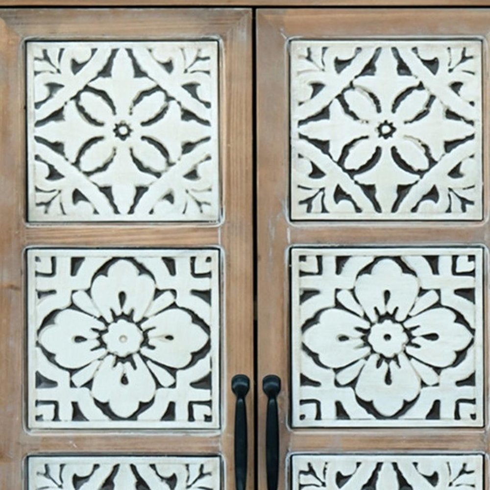 28" Brown Wood Carved Floral Accent Cabinet With Two Doors And One Drawer