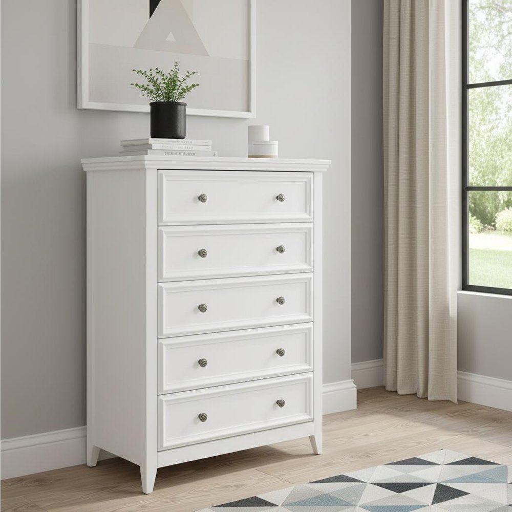 32" White Wood Five Drawer Dresser