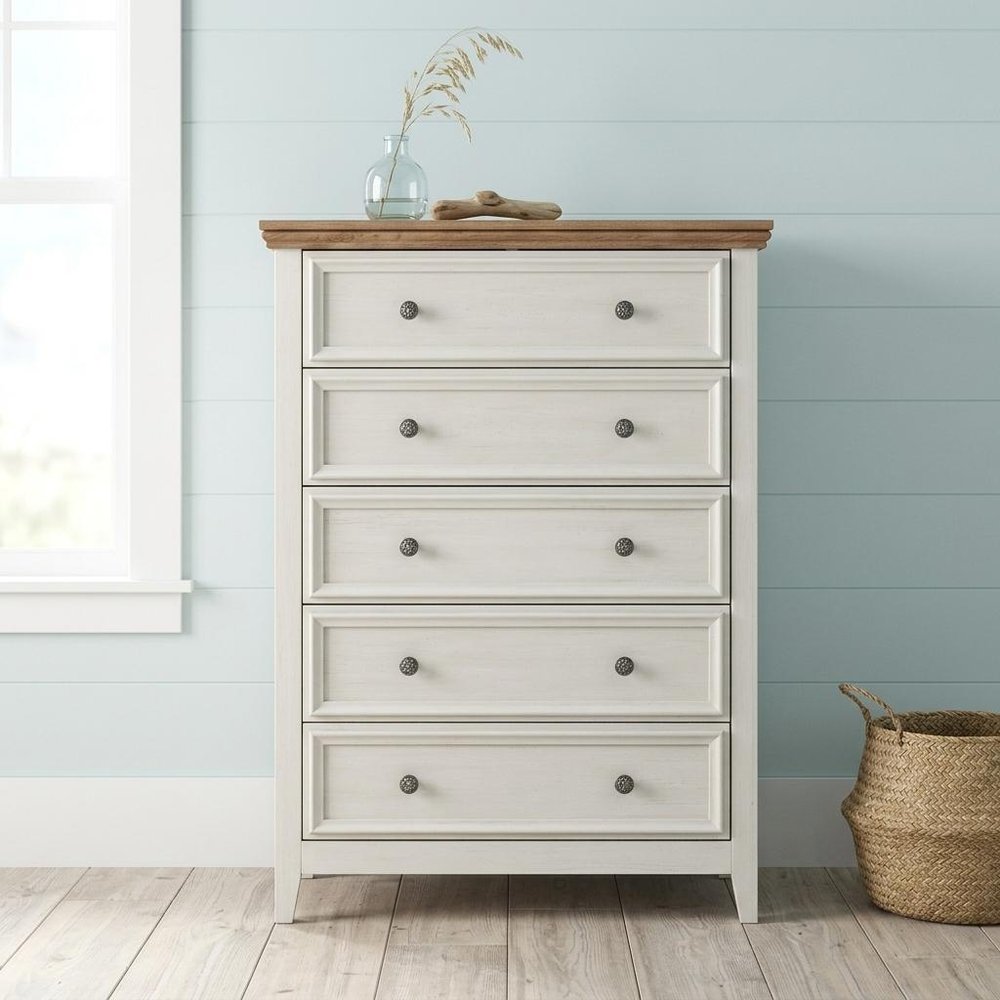 32" Beige And Brown Wood Five Drawer Dresser