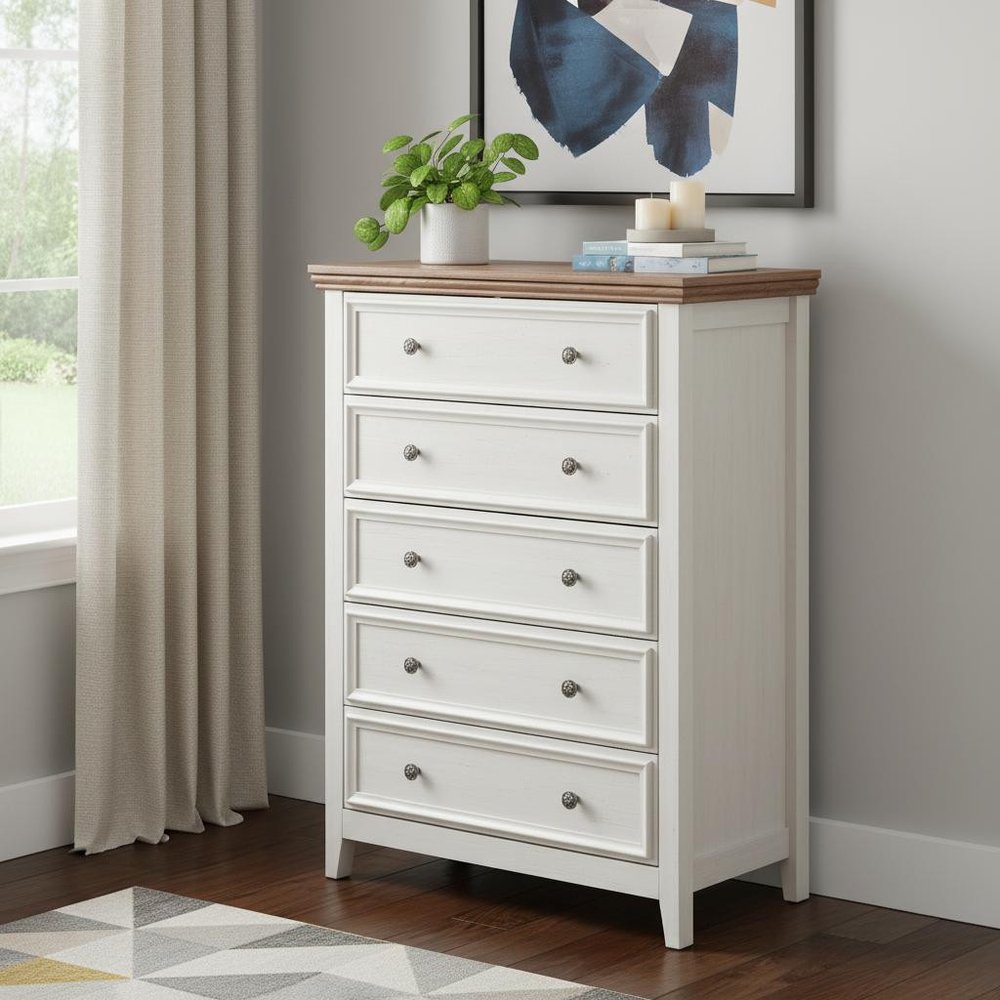 32" Beige And Brown Wood Five Drawer Dresser