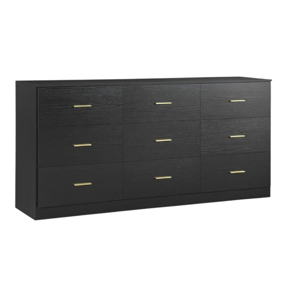 63" Black Wood Nine Drawer Triple Dresser