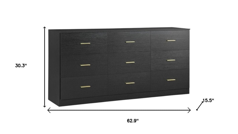 63" Black Wood Nine Drawer Triple Dresser