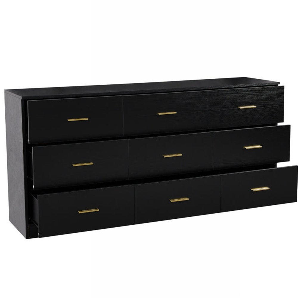 63" Black Wood Nine Drawer Triple Dresser