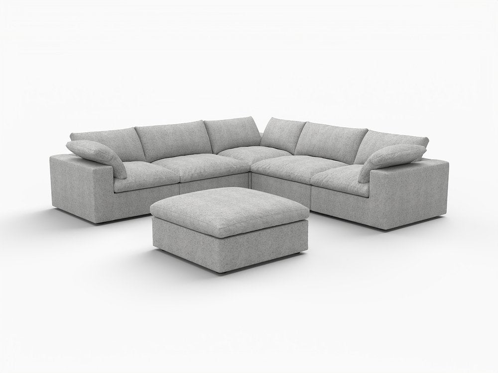 White Linen Blend Modular L Shaped Six Piece Corner Sectional With Ottoman